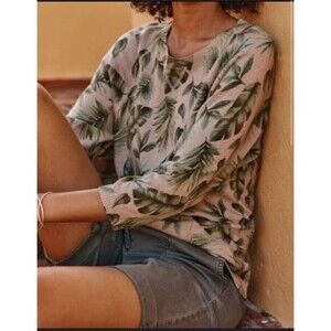 NWT J. Jill 2X Tan Palm Leaf Print Sweater 3/4 Sleeve Tropical Green Beach Plus